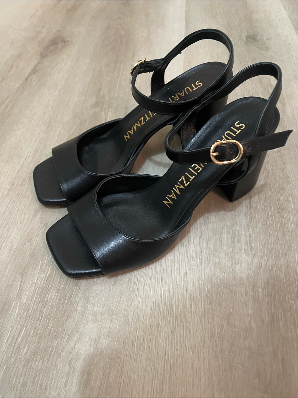 Stuart Weitzman Black Leather Square Toe Slingback Block Heels